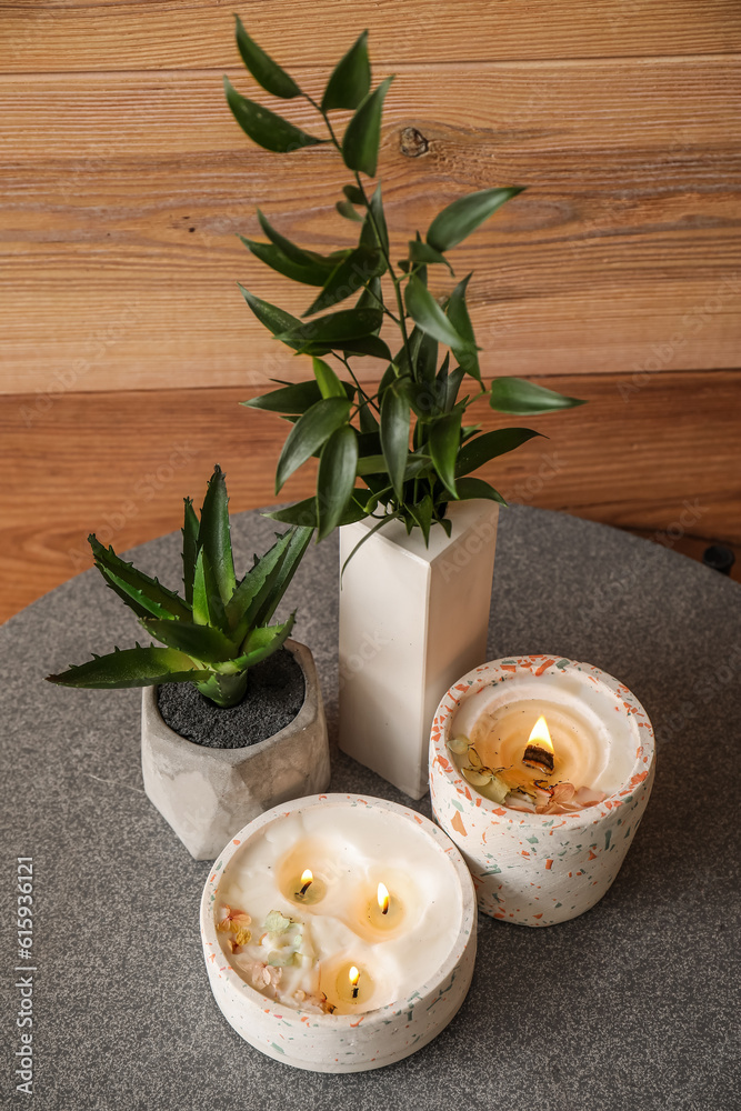 Houseplants and burning candles on table near wooden wall in room, closeup