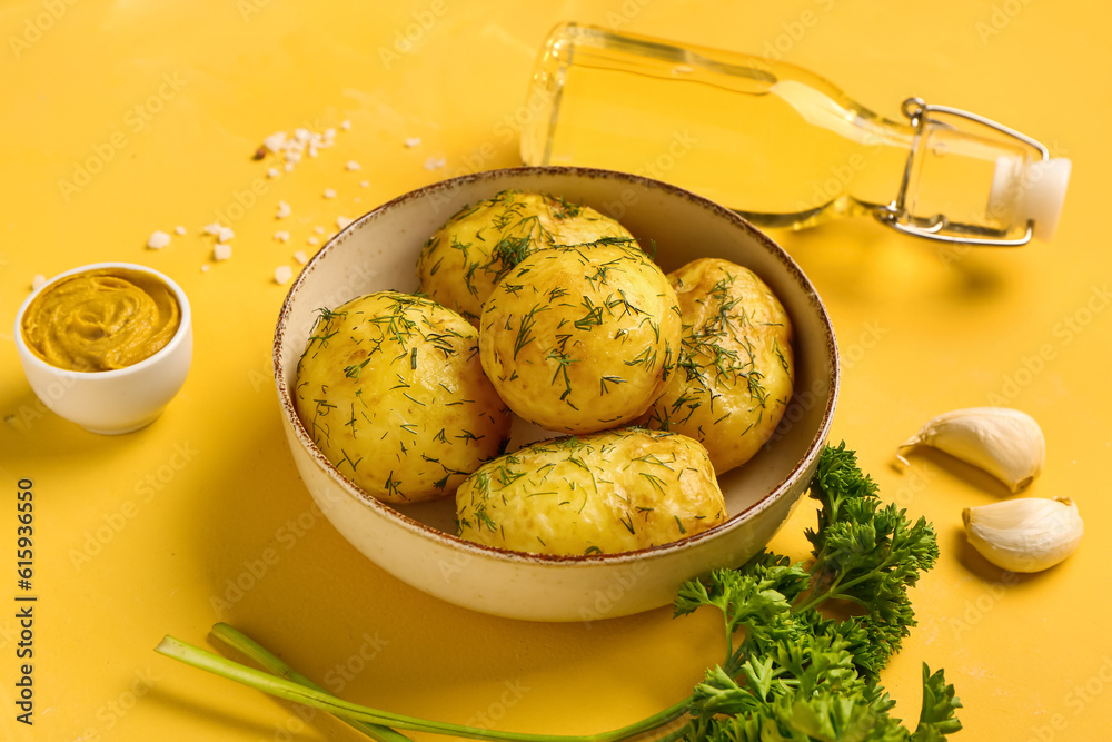 Plate of boiled baby potatoes with dill and mustard on yellow background