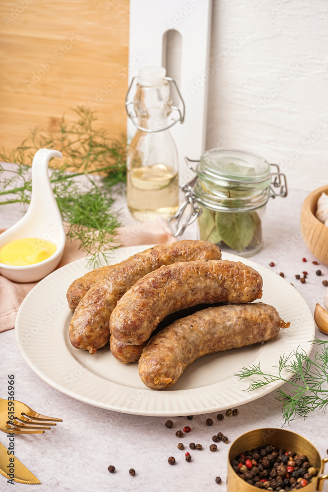 Plate of tasty homemade sausages on light background