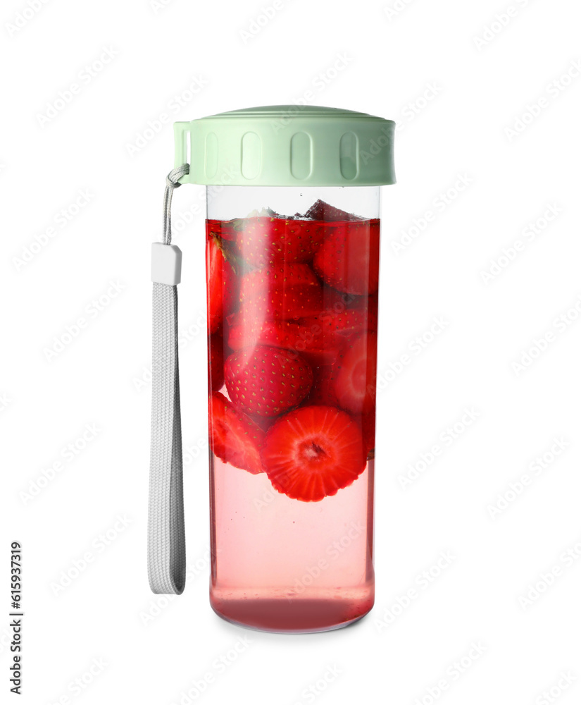 Sports bottle of infused water with strawberry on white background