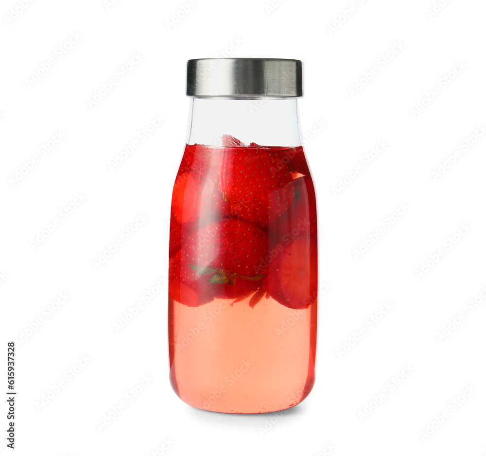 Sports bottle of infused water with strawberry on white background