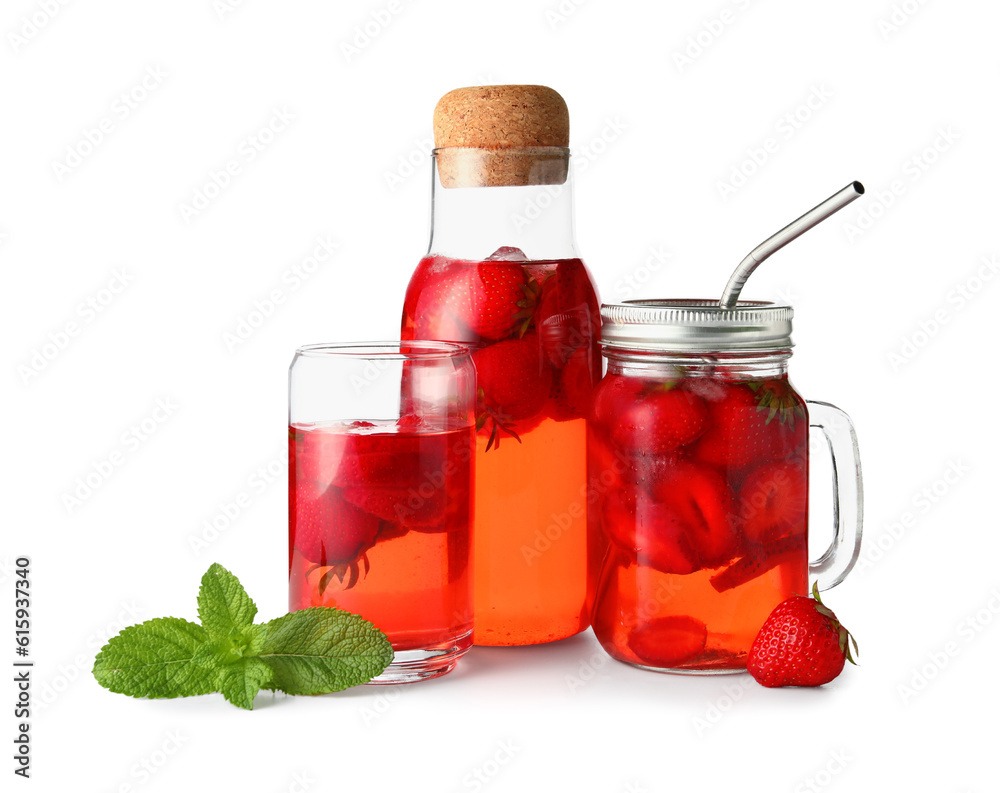 Bottle and glasses of infused water with strawberry on white background