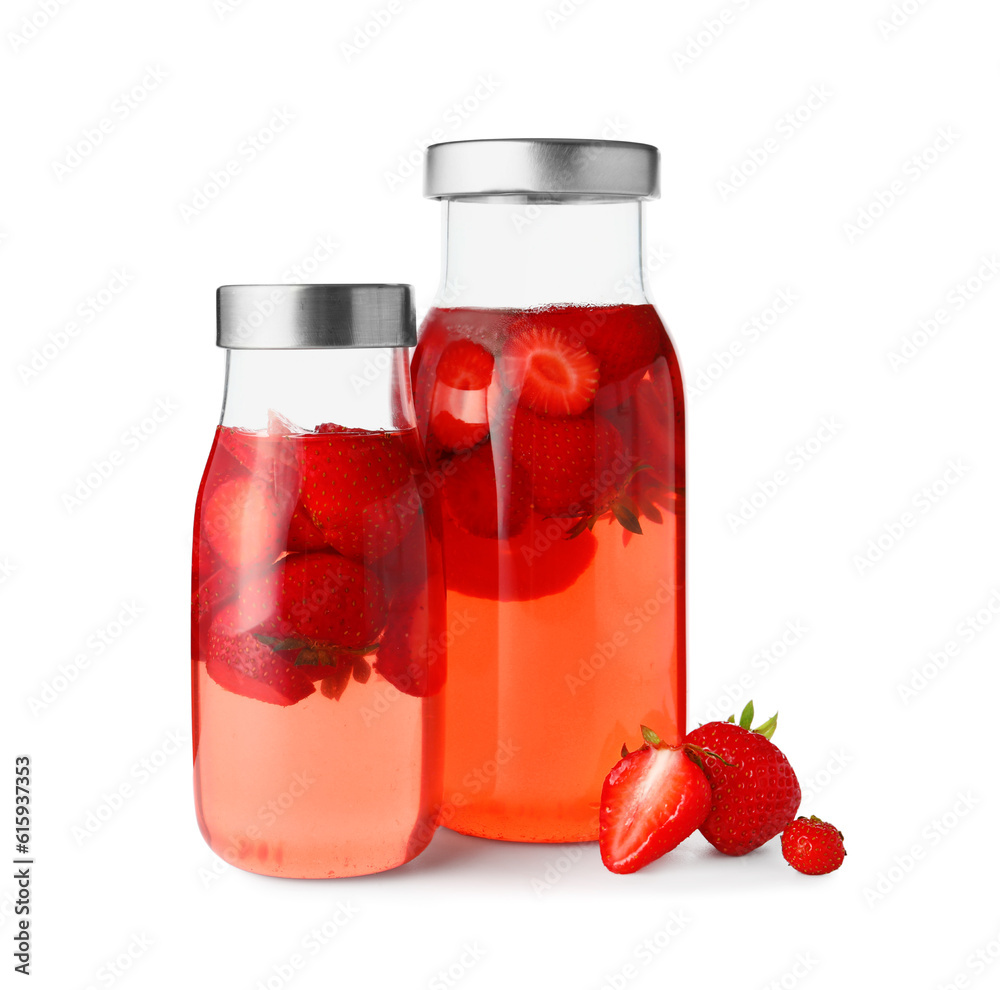 Sports bottles of infused water with strawberry on white background