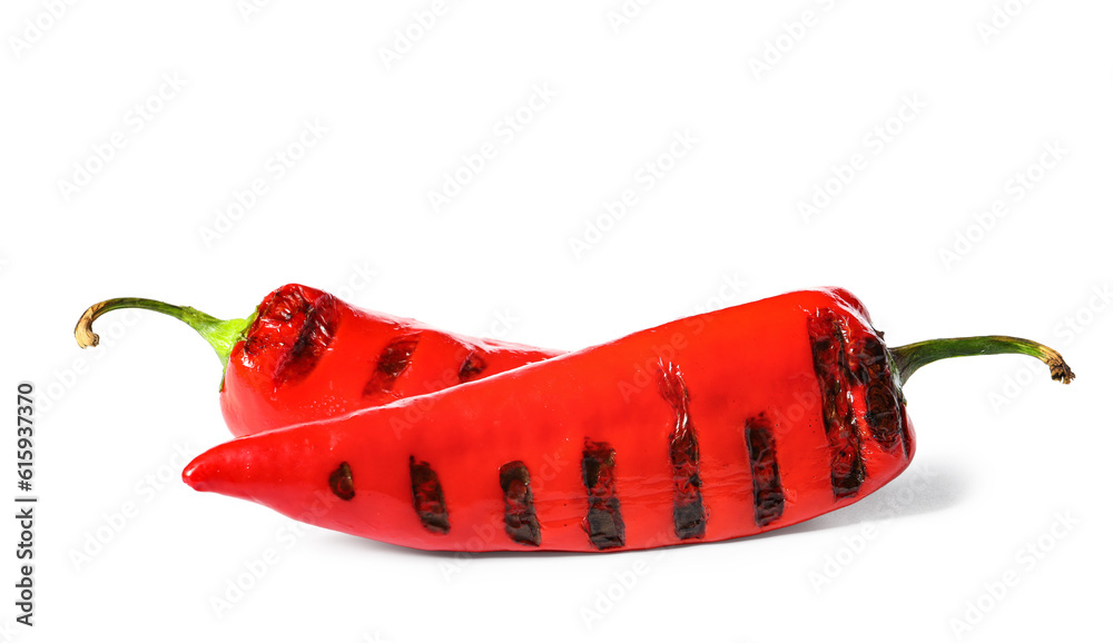 Tasty grilled chili peppers isolated on white background