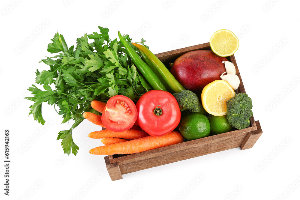 Wooden box with different fresh fruits and vegetables on white background