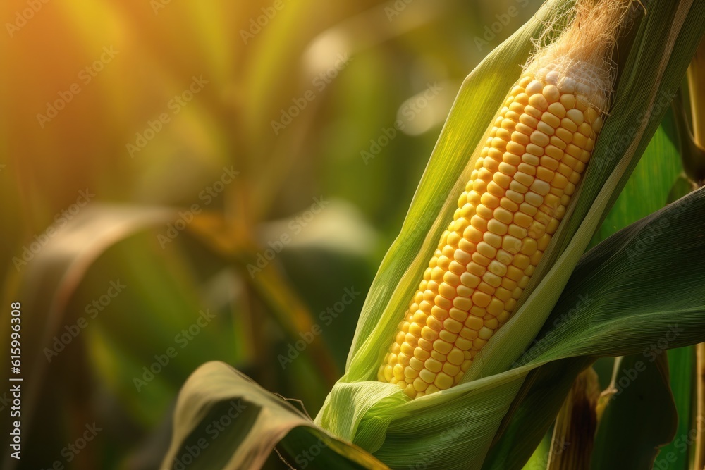 Corn cob in corn field. Generative Ai