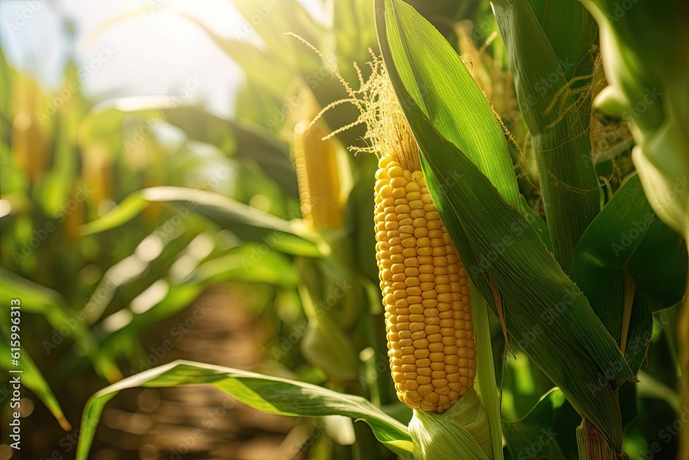 Corn cob in corn field. Generative Ai