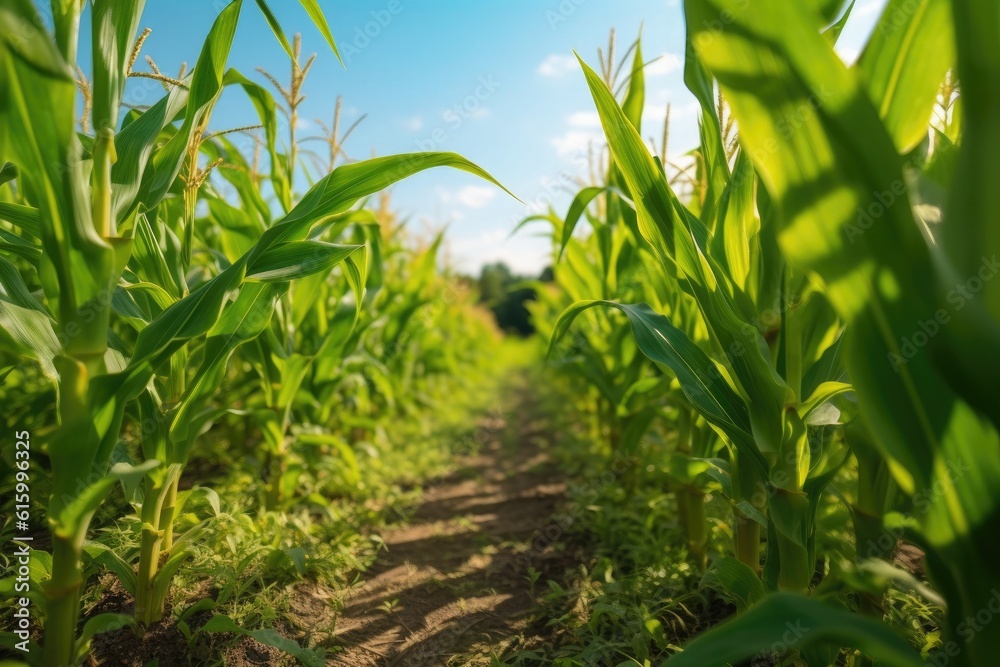 Agriculture, Growing sweetcorn in field. Generative Ai