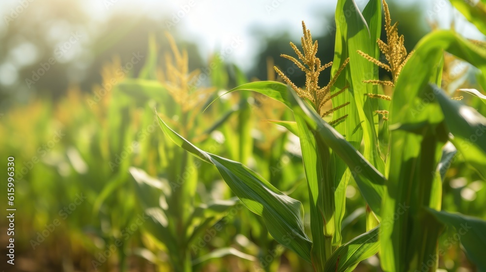 Agriculture, Growing sweetcorn in field. Generative Ai