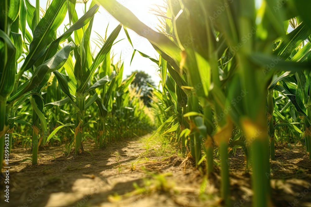 Agriculture, Growing sweetcorn in field. Generative Ai