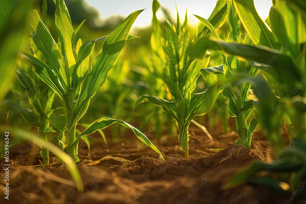 Agriculture, Growing sweetcorn in field. Generative Ai