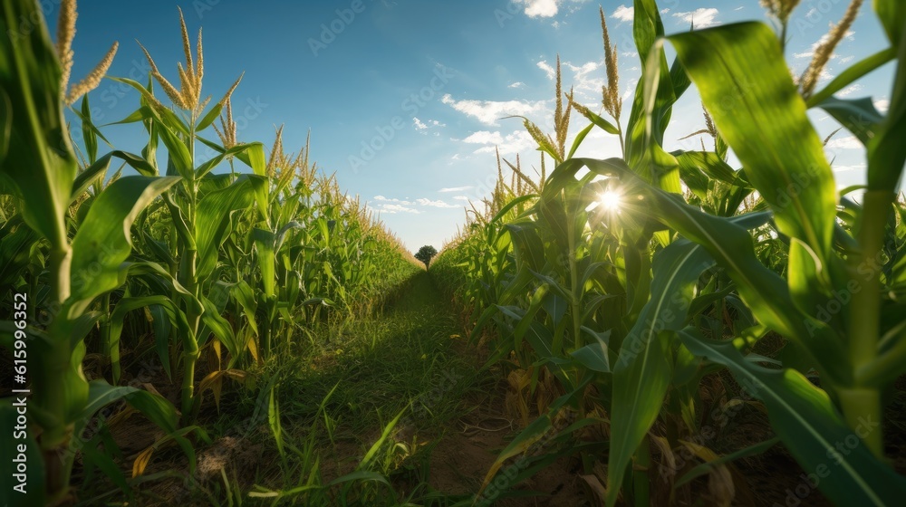 Agriculture, Growing sweetcorn in field. Generative Ai