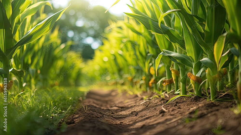 Agriculture, Growing sweetcorn in field. Generative Ai