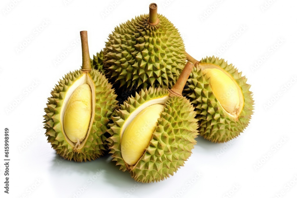 Collections of durian fruits isolated on white background. fruit king. Generative Ai