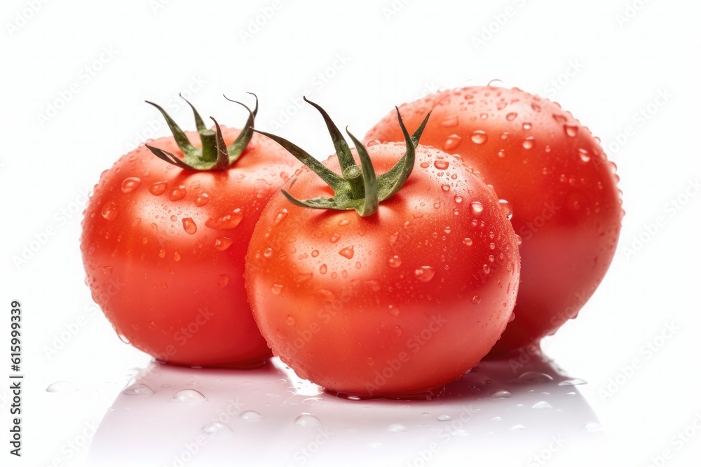 Fresh tomatos with water droplets isolated on white background. Generative Ai