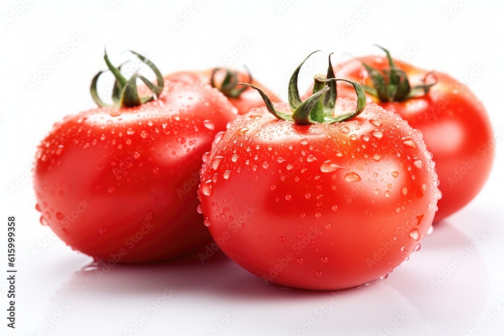 Fresh tomatos with water droplets isolated on white background. Generative Ai