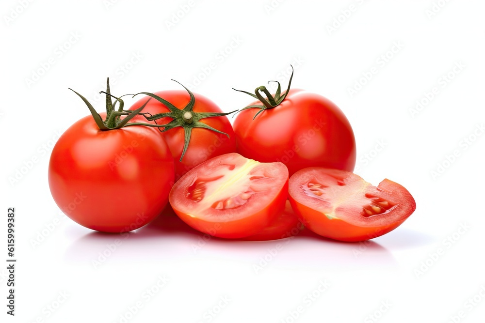 Fresh Red Tomato and sliced tomatoes with water droplets isolated on white background. Generative Ai