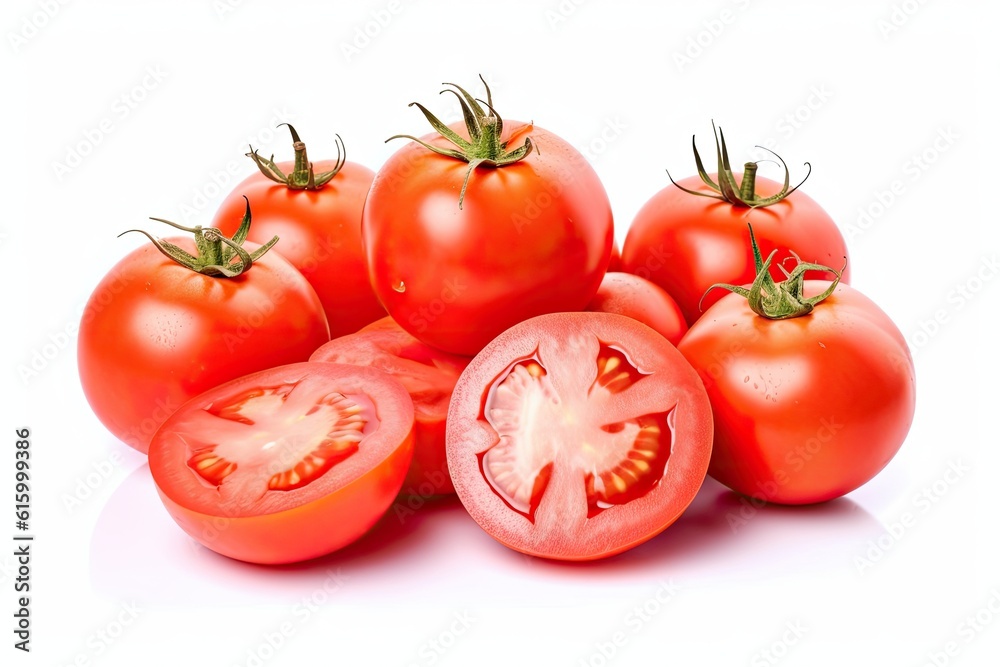 Fresh Red Tomato and sliced tomatoes with water droplets isolated on white background. Generative Ai