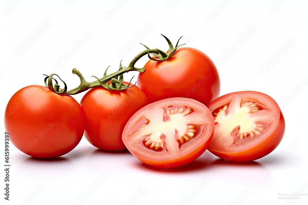 Fresh Red Tomato and sliced tomatoes with water droplets isolated on white background. Generative Ai