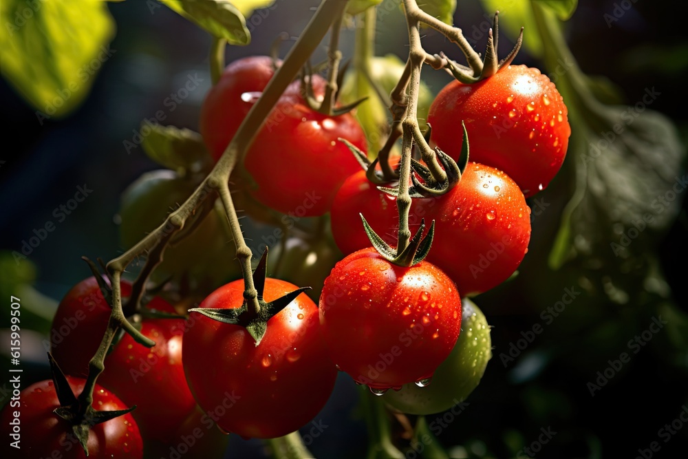 Agriculture of tomatos, Growing Red tomatos with water droplets in field. Generative Ai