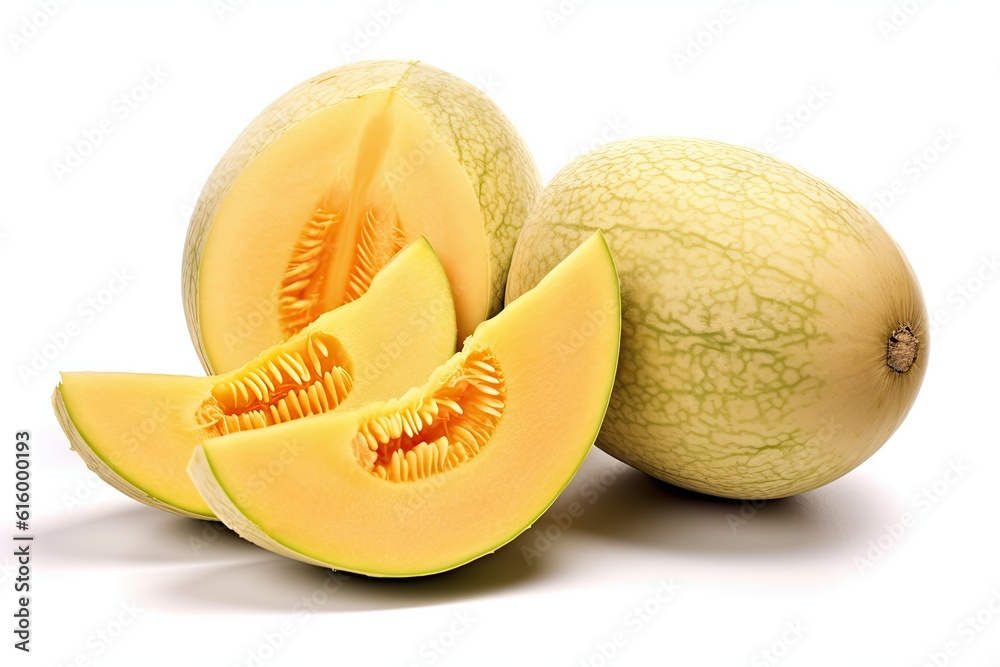 Sweet melon and sliced Sweet melon isolated on white background. Generative Ai