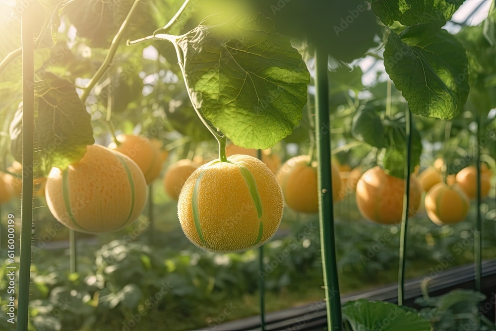 Sweet melon with leaves and sunlight in the agriculture farm waiting for harvest in greenhouse. Gene