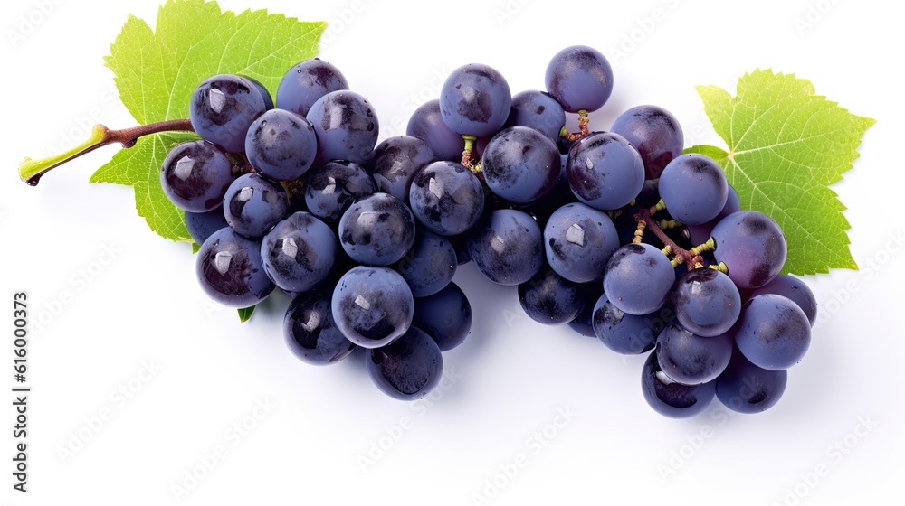 Fresh grapes with leaves isolated on white background. Generative Ai