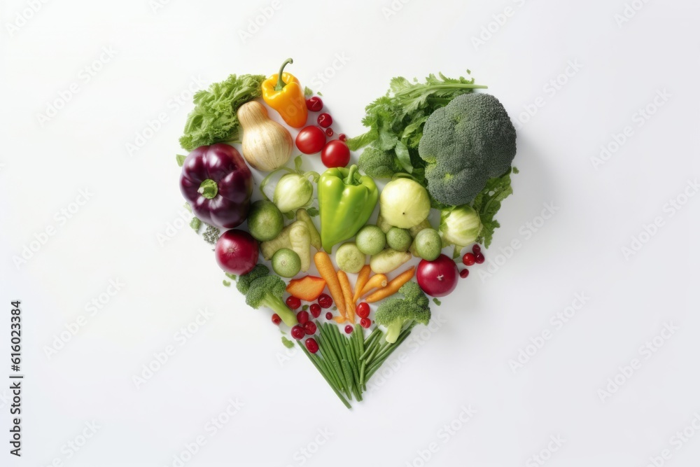 fresh vegetables heart, Vibrant Harvest: A Heart of Colorful Vegetables on a White Background, Radia