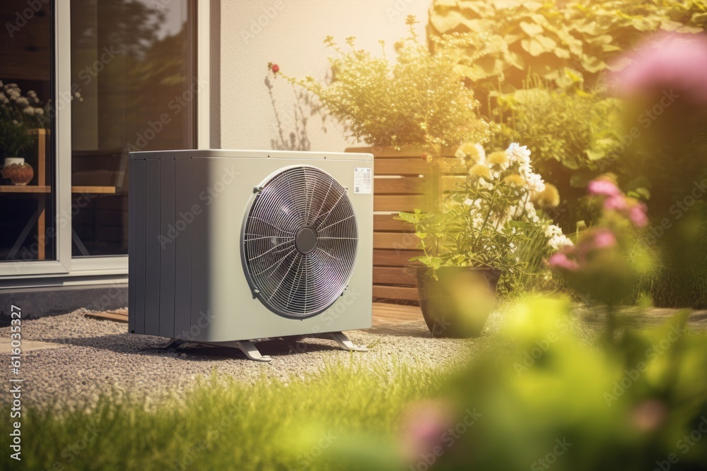 heatpump in a graden, heat pump, Sustainable Comfort: A Photographic Close-Up of a Big Heat Pump in 