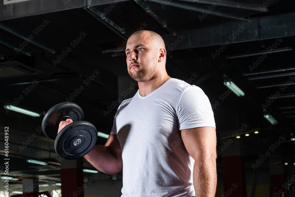 Male bodybuilder engaged with dumbbells in the gym