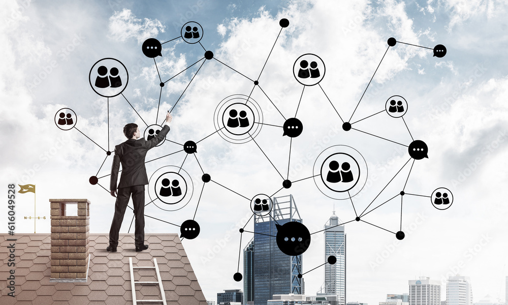 Businessman on house roof presenting networking and connection c