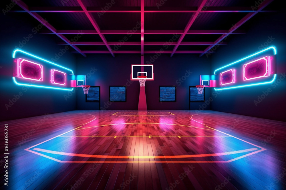 basketball game arena virtual background indoor hall neon empty corridor interior floor. Generative 