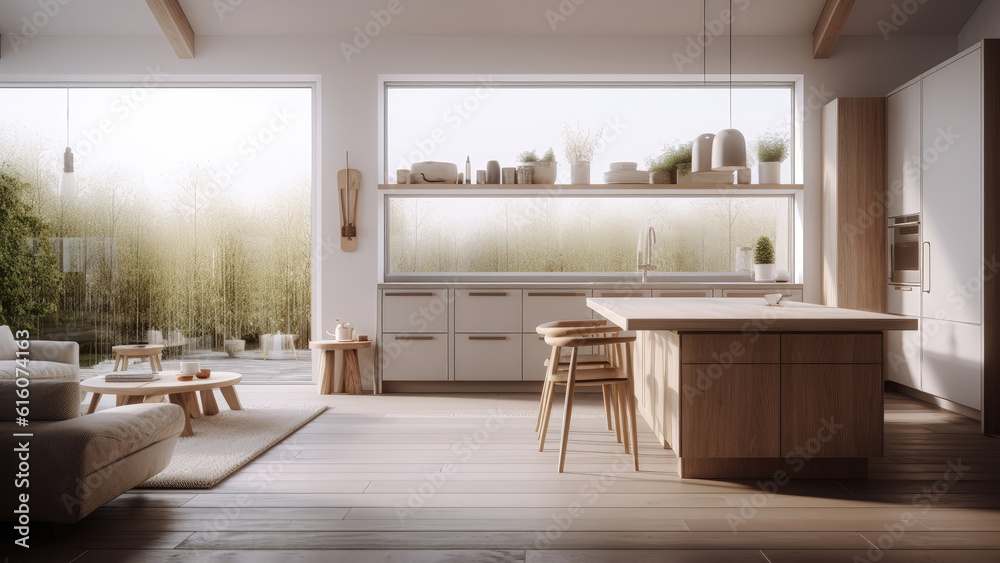 A white kitchen with wood accents featuring a blend of modern and natural elements, while windows fi