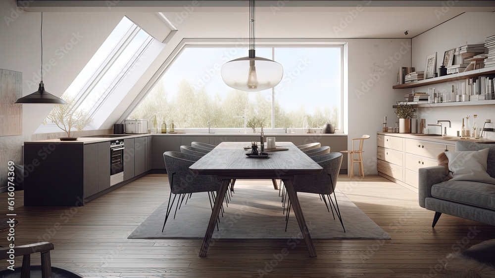 A sunlit kitchen that showcases a dining table and chairs placed in the center, creating a focal poi