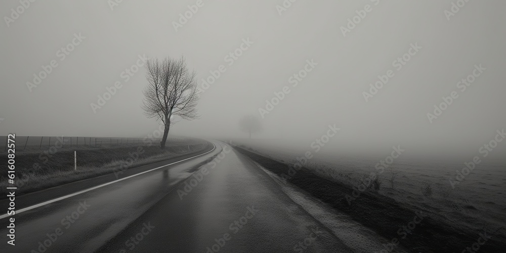 Misty empty road in lowlands. Foggy highway. Mystery travel concept. Generative AI