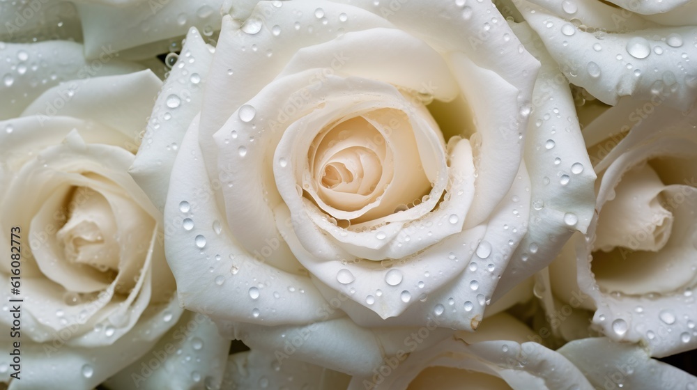 White Roses flowers with water drops background. Closeup of blossom with glistening droplets. Genera