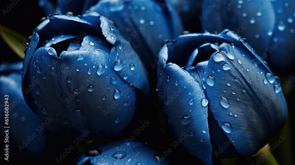 Blue Tulips flowers with water drops background. Closeup of blossom with glistening droplets. Genera