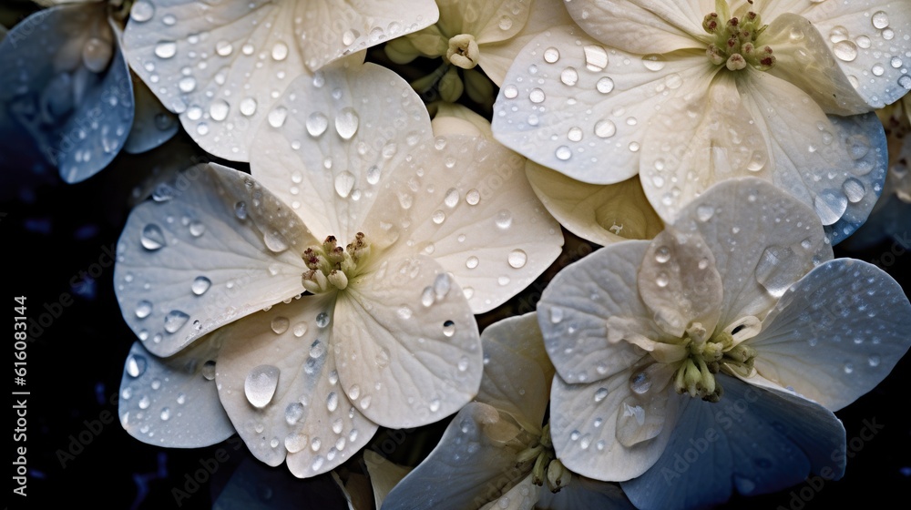 White Hydrangeas flowers with water drops background. Closeup of blossom with glistening droplets. G