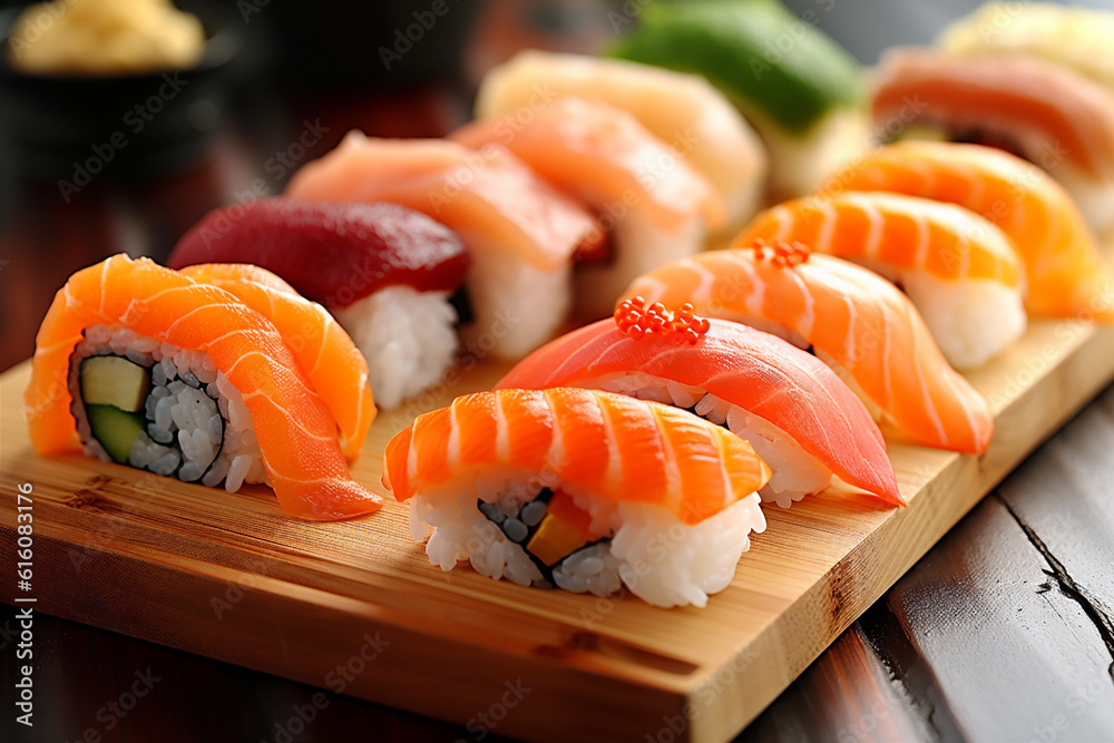 set japanese rice fish sushi japan seafood food meal roll. Generative AI.