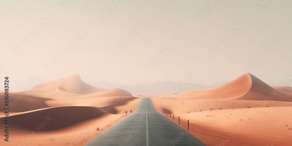 Minimalistic empty highway in desert. Travel concept. Generative AI