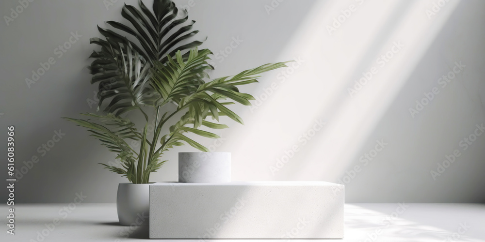 White product display podium with nature palm leaves. Generative AI