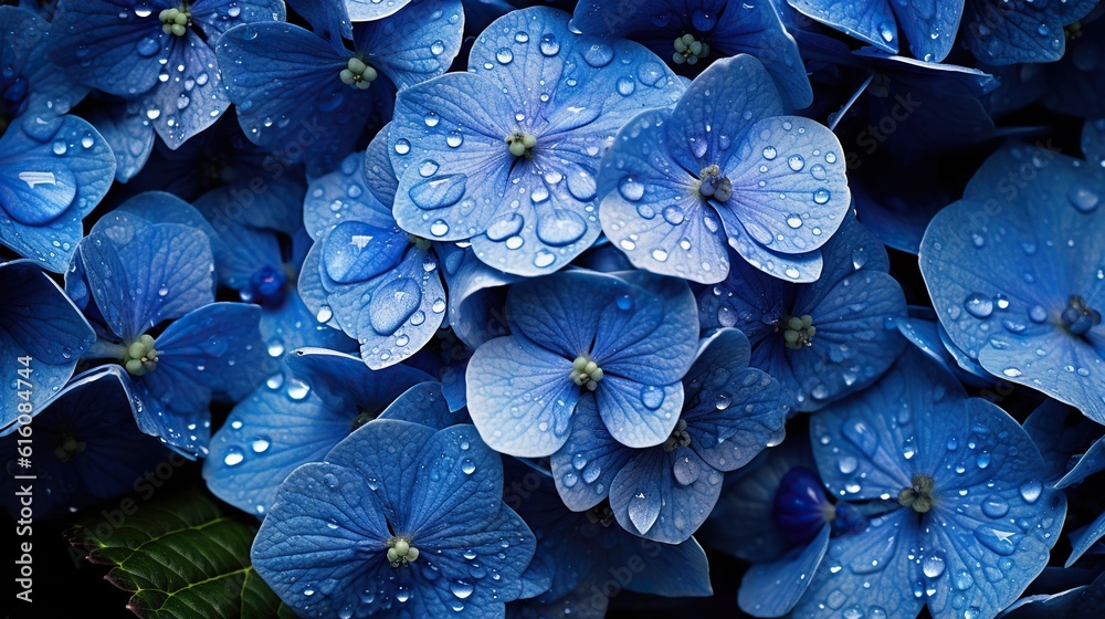 Blue Hydrangeas flowers with water drops background. Closeup of blossom with glistening droplets. Ge