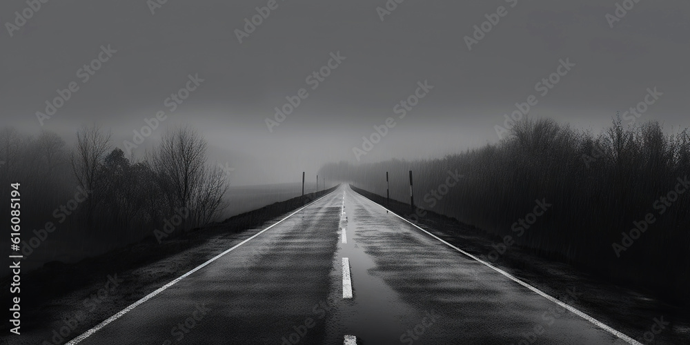 Minimalistic wet road and rain. Wet empty highway. Generative AI