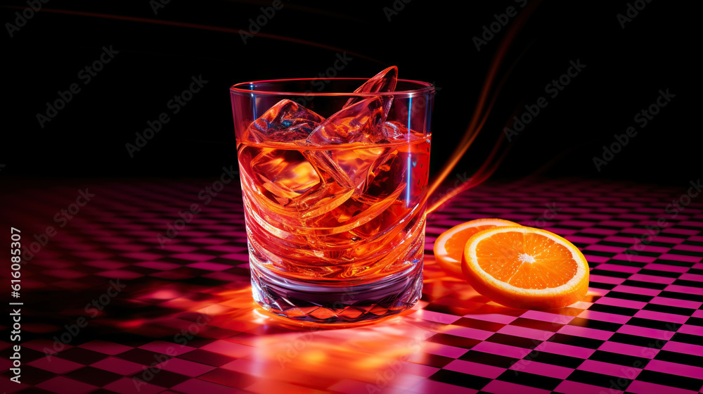 Glass of cocktail in hypnotic neon light. Colorful rave party drink. Generative AI