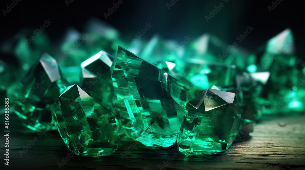 Amazing bright and shiny Emerald crystal cluster background. Jewel mineral detailed macro. Generativ