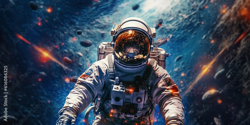 Portrait of astronaut floating in space with a asteroids, space rocks, burning sparks on backdrop. G