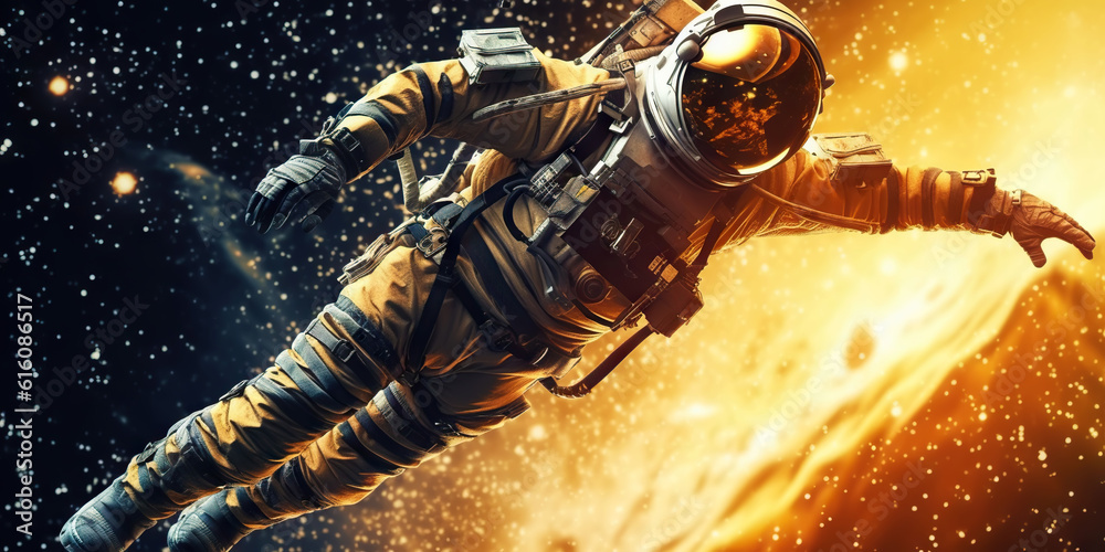 Portrait of astronaut floating in space with a asteroids, space rocks, burning sparks on backdrop. G