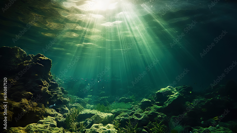 Underwater sunlight through the water surface seen from a rocky seabed with algae. Generative AI