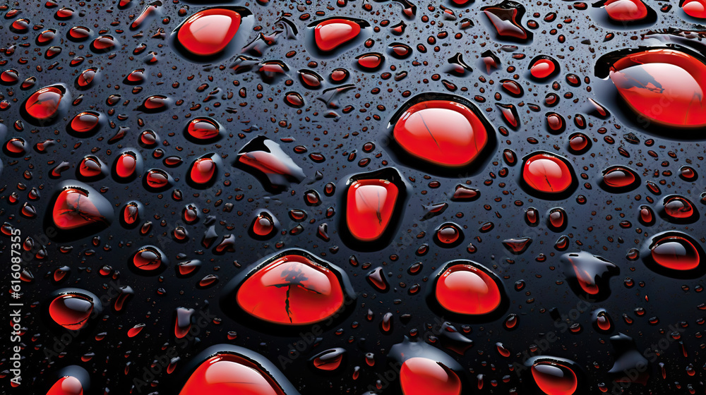 Abstract black paint drops mixed in red oil background. Non-mixing fluids pattern. Generative AI