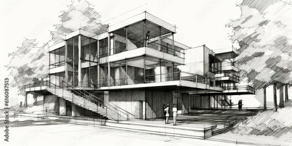 Detailed pencil sketch of modern suburban house. Abstract imaginary building concept. Generative AI